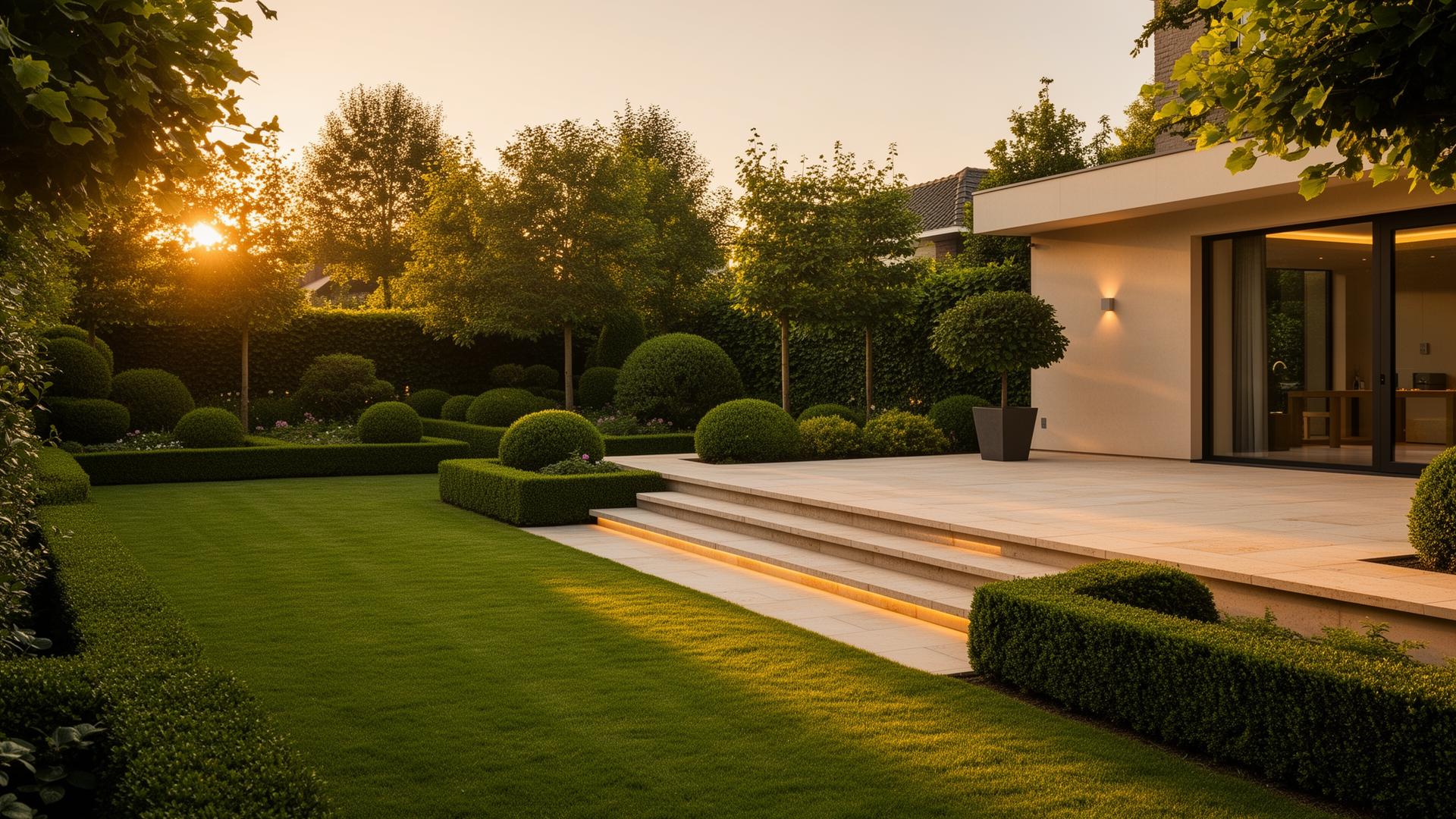 Een professioneel onderhouden tuin met terras en hagen